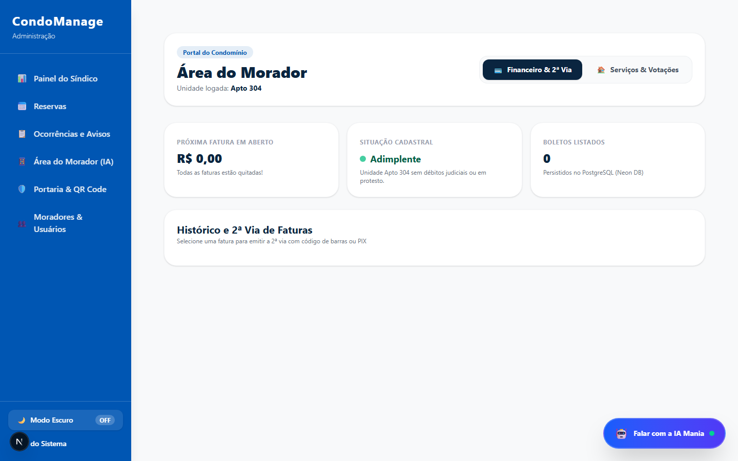 Área do Morador do CondoManage, com financeiro e PIX real