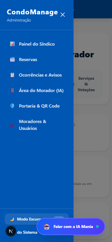 Menu em formato de gaveta, testado em tela real de celular